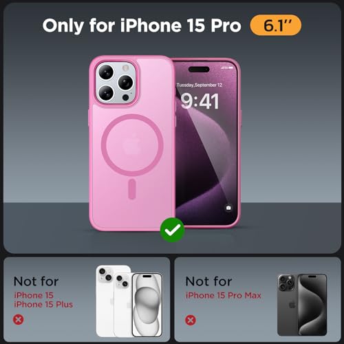 Image of Miracase Magnetic for iPhone 15 Pro Case 6.1 inch (Compatible with MagSafe)(with 2X Screen Protectors)Military-Grade Protection, Anti-Fingerprint Translucent Matte Phone Cover, Mes Pink