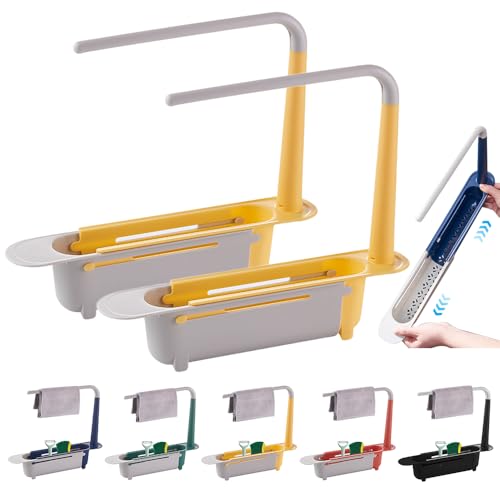Organizador telescópico actualizado para fregadero 2 en 1, ajustable y expandible, soporte para esponja y jabón para cocina, amarillo, 2 piezas miniatura 1