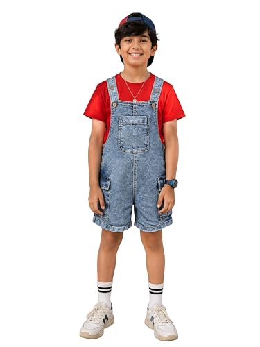 Image of KiddoPanti Unisex Denim Cargo Dungaree Shorts | 69.1% Cotton 29% Spun Poly 1.9% Spandex | Above Knee Length | Soft Breathable Summer Dungaree