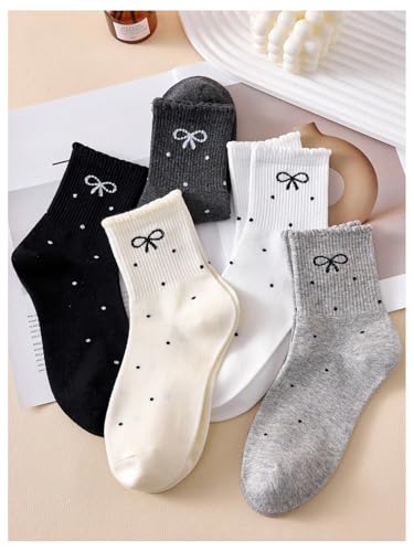 OYOANGLE Women's 5 Pairs Cute Bow Frilly Crew Socks Set Polka Dots Comfortable Everyday Socks2
