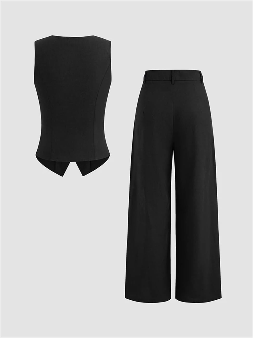Women's V-Neck Solid Button Vest Mid-High Waist Pocket Wide Leg Pants Single Row Button Sleeveless Top Pants Set