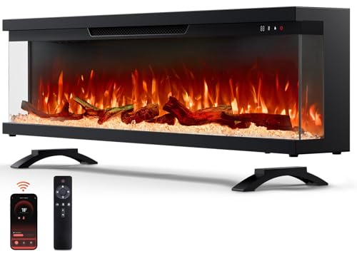 Silonn 3-Sided Smart 50' Electric Fireplace, Alexa & App Control Fireplace with 15 Flame Colors, Electric Fireplace Inserts Logs, 5110 BTU Heat Output, Realistic Flame and Sound