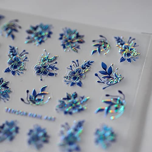 Flower Nail Art Stickers Decals 5D Acrylic Engraved Nail Stickers Blue Flowers Gold Line Nail Decals 3D Bronzing Nail Art Design Supplies Self-Adhesive Nail Transfer Sliders Wraps For Women Manicure Decor #TOP4