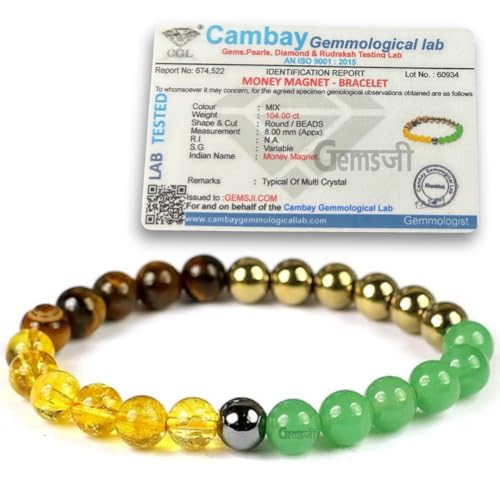 Image of Certified Money Wealth Bracelet With Lab Certificate, Pyrite, Green Aventurine, Citrine, Hematite, Tiger Eye Stone For Attracting Money, Financial Success, Good Luck, Crystal Healing Natural Money Magnet Prosperity Gemstone Crystal