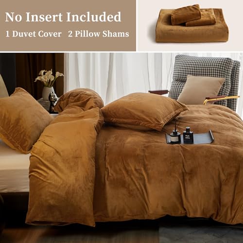 Phf Super Soft Velvet Duvet Cover Queen Size, 3Pcs Luxurious Breathable Velour Fluffy Comforter Cover With 8 Ties, Cozy Flannel Duvet Cover With Pillow Shams, Zipper Closure, 90"X90", Camel thumb #5