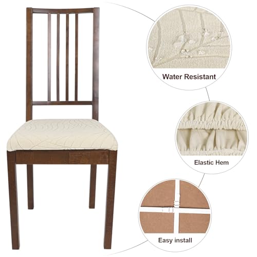 Image of SearchI Waterproof Seat Covers for Dining Room Chairs Stretch Jacquard Chair Seat Covers Set of 4, Removable Washable Kitchen Chair Seat Protector Cushion Slipcovers for Office (Beige Leaf)