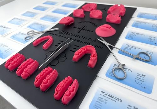 Dental Suture Pad Skill Trainer | Premium Silicone Envelope &amp; Triangular Flaps | Anatomical Sockets, Biopsies, Frenectomy, Laceration | 25 Silk Sutures, Scissors, Needle Driver