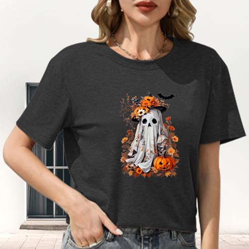 Halloween Shirts Women Spooky Ghost Autumn Pumpkin T-Shirt Funny Flower Ghost Graphic Tee Tops3