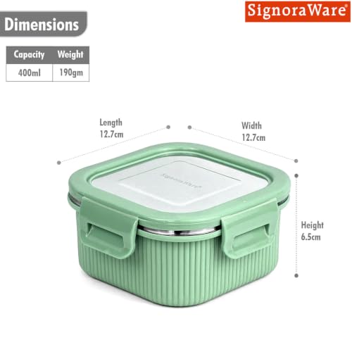 Image of Signoraware Lock N Store Microsafe Steel Square Container+ Lid(400ml,Egreen)
