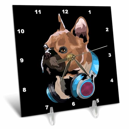 3dRose 6x6 Desk Clock - Frenchie French Bulldog Dog with Headphones Music DJ Dog