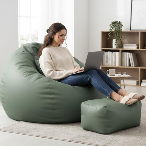 Image of Luxury 5XL Jumbo Bean Bag with Footrest & Cushion | Premium Leatherette | High-Density Beans Filled | Heavy Duty Double Stitch | 6 Months Warranty Color- (Navy Blue) (SAGE Green)
