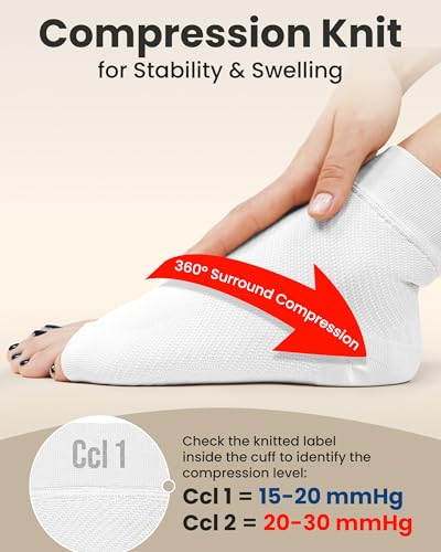 Image of KEMFORD Ankle Compression Sleeve - 1-Pair, Plantar Fasciitis Braces - Open Toe Compression Socks for Swelling, Sprain, Neuropathy, Foot Arch Support for Men and Women - 20-30mmhg, M, White and Black