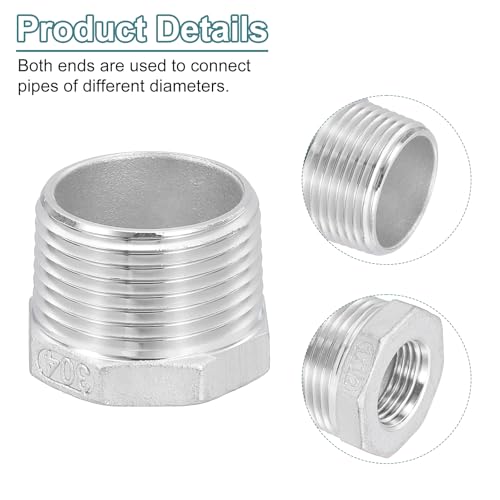 Image of uxcell 2Pcs 1 inch Male NPT to 1 /2 inch Female NPT 304 Stainless Steel Reducer Hex Bushing, Reducing Cast Pipe Adapter Fitting for industrial, oil /gas, water, HVAC, and plumbing systems