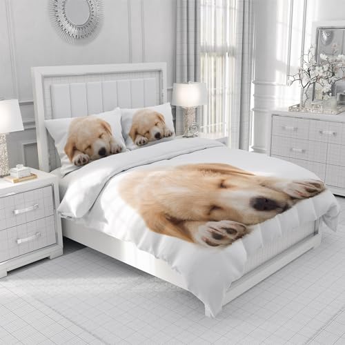 Leleyouzer Hund Bettwäsche Set, Hundemuster Bettwäsche für Jungen Mädchen Teenager, 1pc Mikrofaser Bettbezug mit Reißverschluss und 2pc Kissenbezug 50 x 75cm (D1, 135×200 cm)