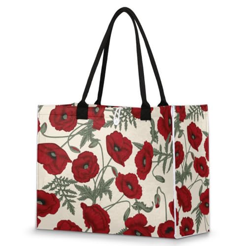 Poppies Red Flowers Tote Bag for Women Large Beach Bag Reusable Tote Bags for Work Travel Beach Shopping