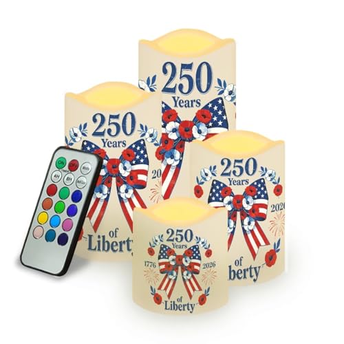 Image of 250 Years of Liberty Electric Flameless Candles Bow Flowers LED Battery Operated Remote 250th Anniversary Fourth of July Lamp Patriotic Decor for Home Patio Celebration Set of 4
