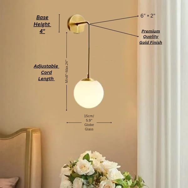 Image of WOKE Adjustable Golden Wall Lamp, Premium Plated Finish, White Globe Glass, Modern Wall Light for Home, Living Room, Bedroom, Office, Hotel, E27 Holder, 8-24 Inch Adjustable Height Bulb not Included