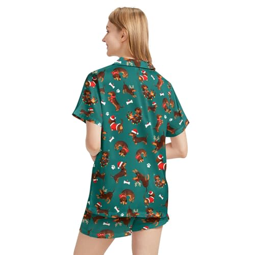 Image of Funny Pajamas for Women Set Print Satin Loungewear Pjs Short Sleeve Button Down Top and Shorts Sets Sleepwear XS-3XL