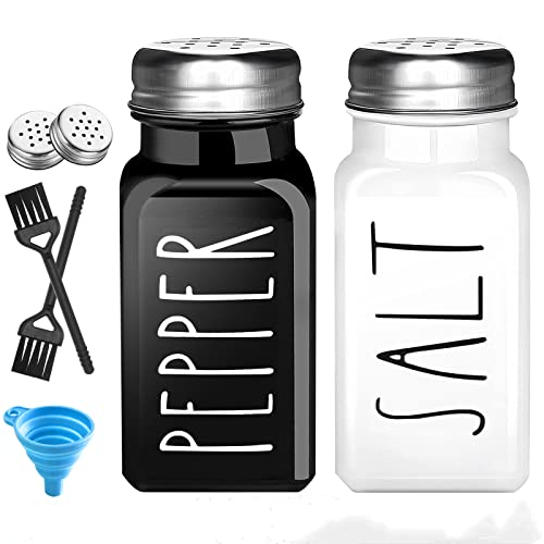 AMANMAN Salero y Pimentero Juego de 2 Saleros de Cocina Modernos Botes de Sal y Pimienta Organizador de Especias y Condimentos Recipiente de Vidrio Tarros Contenedor con tapa Salpimentero Blanco/Negro
