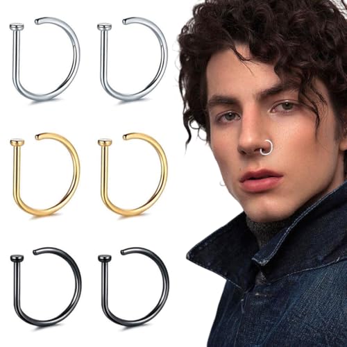 YUVKIN Set de 6 Aros Falsos para Piercing en Nariz, Septum y Labios, Sin Aguja, Acero Quirúrgico para Nariz, Pecho, Oreja y Labios (Oro, Plata, Negro)