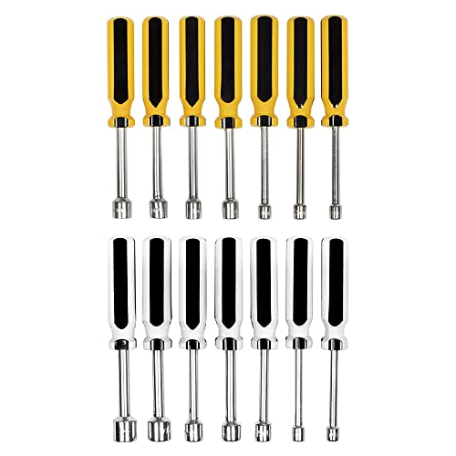 EZ Travel Collection 5.5 Inch Chrome Plated SAE Sizes 3/16 to 1/2 Inch and Metric 5 to 10 mm Nut Driver Set, 14 Piece, Color Coded Handles