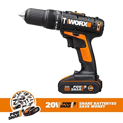 WORX 18V(20V MAX) Akku-Schlagbohrschrauber WX371.7, 2,0Ah 2Akkus, PowerShare, 55 Tlg. Zubehörset (Handwerkzeuge und Bohrschrauber), Schlagbohrer 2 Gänge, Koffer, 18+1+1 Drehmomentstufen – Bild 7