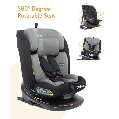 Image of Bonfino Premium Pro Shield Convertible Car Seat for Baby, 360 Degree Rotatable Seat, Memory Foam Headrest, ISOFIX System, Rear Facing Support, Newborn to Toddler, Safety Certified Design (Grey)
