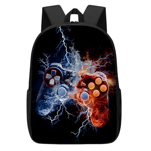 Boys Gaming Backpack, Funny Lightning Gamer Backpacks for Boys, Blue Water and Red Fire Video Game Gamepad Bookbag for Kids Teens, Casual Water Resistant 17
