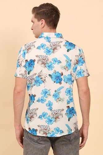 Image of Mens Printed Casual Shirts Short Sleeves Button Down Tropical Shirts (MS1 White Turquoise M)