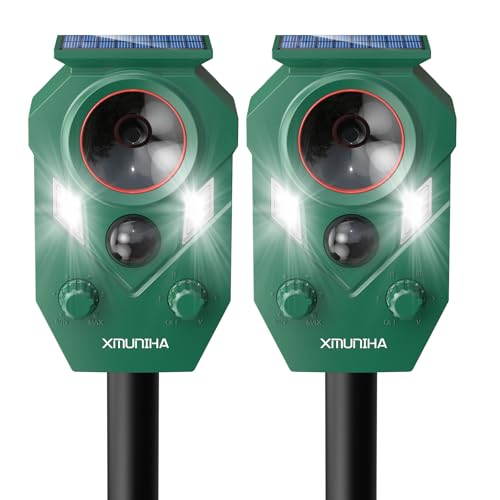 Solar Ultrasonic Animal Repellent Outdoor, 2 Pack Deer Repellent for Yard with RIP Sensor, IP65 Waterproof Squirrels Repeller, Effective Deterrent Cat, Raccoons, Skunks, Rabbits