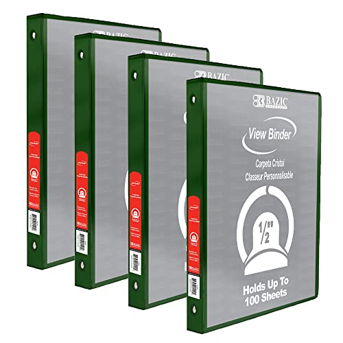 Image of BAZIC Products 1 /2 inch Green 3-Ring View Binder, Round Ring, 2 Pockets, 4-Pack | round rings, 1 /2 in Green view 3-ring binder, 2 inside pockets, holds up to 100 sheets, Durable poly cover, 2 Pockets