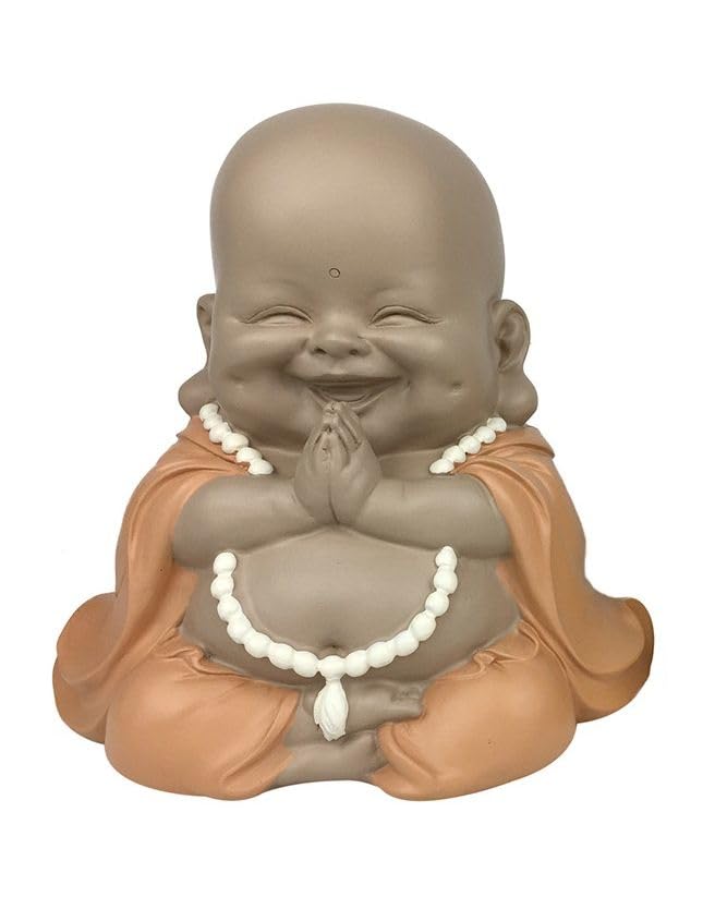 Générique Statue de Bouddha Rieur Assis en Prière, Décoration Zen, 21x20 cm, Couleur Beige Caramel Rosé