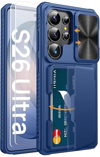 Vihibii Coque pour Samsung Galaxy S26 Ultra avec 2 Pièces Protecteurs D'écran, Porte Carte, Caméra Coulissante, Militaire Antichoc Silicone Femme Homme Case...