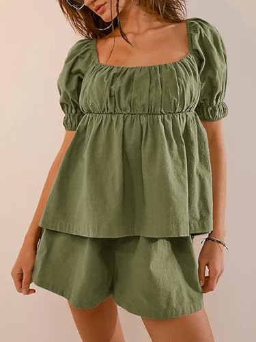 Image of Tankaneo Womens 2 Piece Outfits Summer Square Neck Short Puff Sleeve Babydoll Tops and Shorts Matching Set