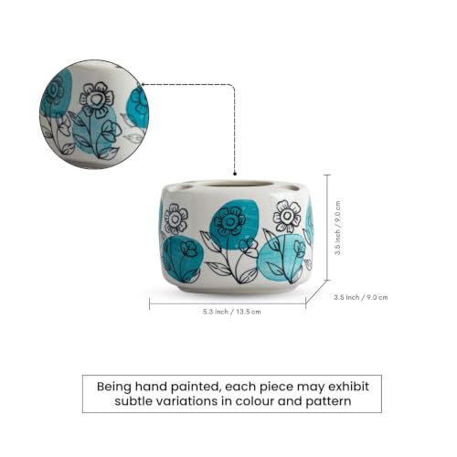 Image of ExclusiveLane 'Aqua Bloom' Hand-Painted Ceramic Bathroom Accessories Set of 2 (Liquid Soap Dispenser for Wash Basin, Paste & Toothbrush Holder) |Handwash Dispenser |Bathroom Organiser Set