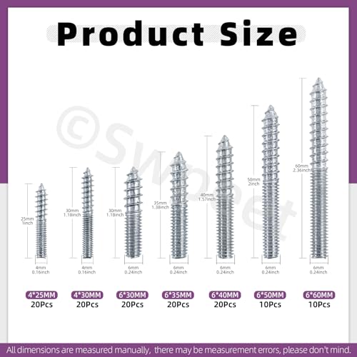 Image of Swpeet 120Pcs 7 Sizes M4 M6 Zinc Hanger Bolts Assortment Kit, Double Headed Bolts, Self-Tapping Screw Hanger Bolts, Dowel Screw Bolts Threaded Rods Bolt Furniture Screws for Wood Furniture Joint