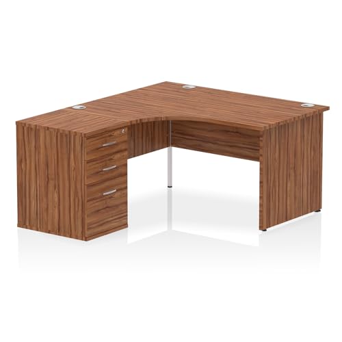 Image of Dynamic Impulse 1400mm Left Crescent Office Desk Walnut Top Panel End Leg Workstation 600 Deep Desk High Pedestal