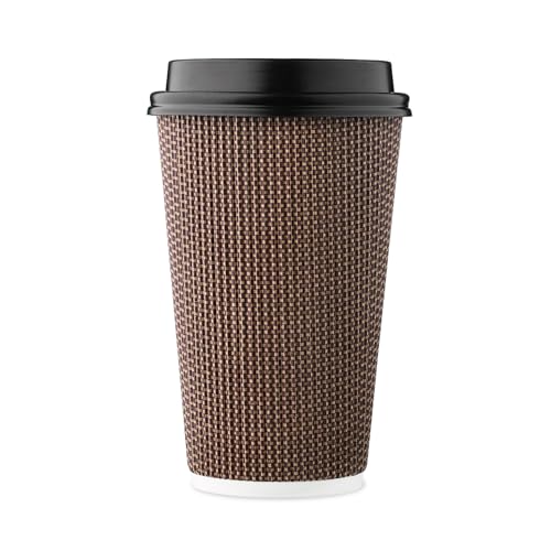 [85 SET]Harvest Pack 16 oz Disposable Coffee Cups, Insulated Ripple Double-Walled Paper Cups with Lids, Brown Geometric, Drinking Cups for Tea Hot Chocolate Drinks To go coffee cups