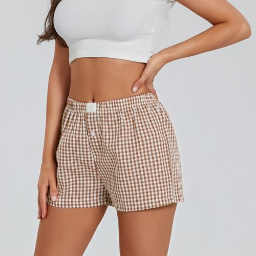 Image of Womens Boxer Shorts Gingham Y2k Pajama Cute Plaid Striped Print Lounge Sleep Shorts