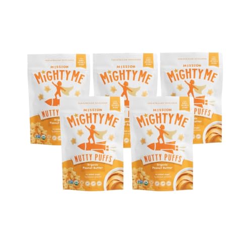 Mission Mighty Me Nutty Puffs Organic Peanut Butter Puffs for Babies + Kids - Pediatrician Developed - USDA Organic, Plant-Based Protein, Gluten-Free Baby Snack - Peanut Flavor (1.5oz, 5-Pack)