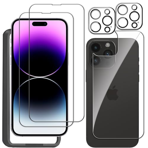 MSTSKTWO Screen Protector for iPhone 14 Pro Max 2 Pack Front Screen and 1 Pcs Back Glass Protector with 2 Pack Camera Lens Protector 9H Hardness Ultra HD Easy to Install with Auxiliary Frame