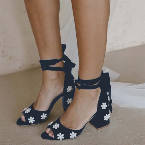 XYD Women Open Toe Sandals with Bloom Pearl Flower Ribbon Ankle Strap Chunky Block Heel Wedding Bridal Shoes4