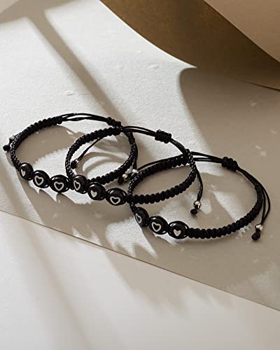 Image of Braided Rope Bracelet Adjustable Jewelry for Family Sisters Mom Grandma BFF | Adjustable black woven rope bracelets with personalized letter engraving.gifts for family, sisters, grandma & best friends