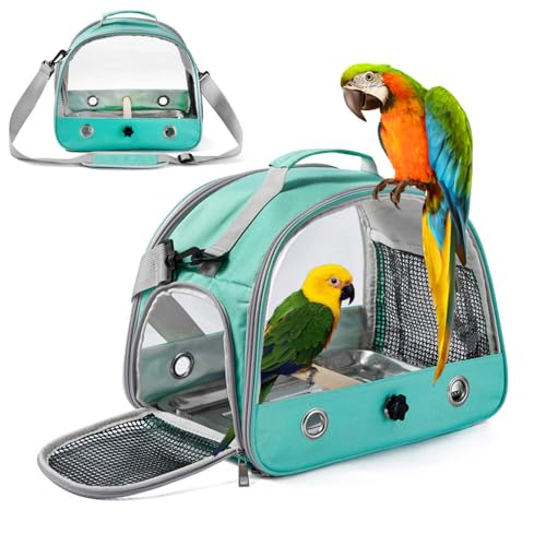 Bird Carrier Travel Cage,Portable Clear Bird Travel Cage for Parrot with Stainless Steel Tray and Wooden Standing Perch,Side Access Window Collapsible for Parakeets Budgie