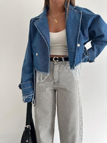 utcoco Women's 2025 Fashion Cropped Jean Jacket Casual Lapel Collar Short Denim Jacket with Belt4
