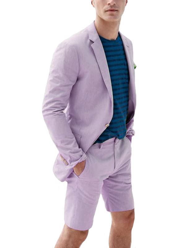 Men Linen Suits Sets for Beach Wedding 2 Piece Tuxedo Blazer & Shorts Set for Big and Tall JXZ021