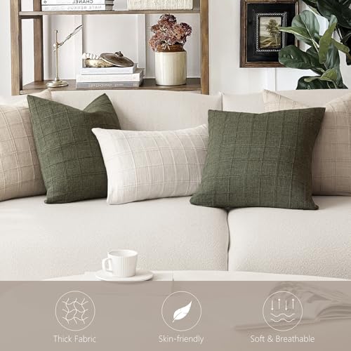 Image of Foindtower Set of 2 Decorative Linen Check Throw Pillow Covers Neutral Farmhouse Vintage Cushion Covers Modern Boho Home Decor for Sofa Chair Couch Bedroom Living Room,22x22 Inch,Natural Linen
