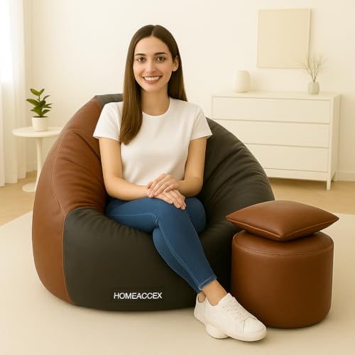 Image of 6XL Rexin Leather Filled Bean Bag with Cushion Footstool Jumbo Bean Bag with Filled Beans, Capacity Upto 150 Kg Weight, Black & Brown