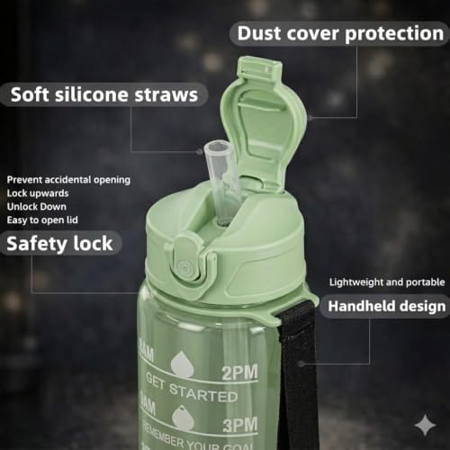 Image of MKY Motivational Water Bottle with Time Marker, 900ML Leak-Proof BPA-Free Sipper with Straw and Safety Lock for Gym, Office, School, Sports and Travel (Green)