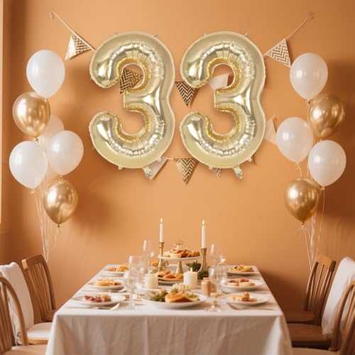 Image of Champagne Gold Large Number 33 Balloon, 40 Inch Light Gold Foil Helium Number Balloons, Giant Mylar Number 33 Balloons for 33 Years Old Birthday Party Anniversary Decorations (Champagne Gold 33)